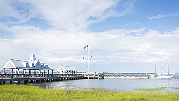 Pier and American flag at Waterfront Park