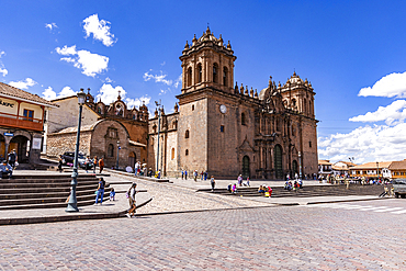 Tourists near cathedral at Plaza de Armas