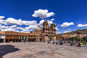 Tourists near cathedral at Plaza de Armas