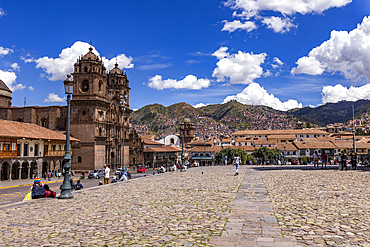 Tourists near cathedral at Plaza de Armas