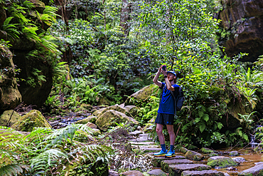 Rear view of young male hiker taking pictures in Grand Canyon Blackheath, Blackheath, New South Wales, Australia