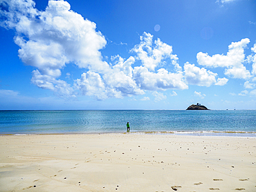 Woman wading in sea on sandy beach, Lord Howe Island, New South Wales, Australia