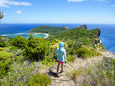 Rear view of woman hiking on Lord Howe Island, Lord Howe Island, New South Wales, Australia