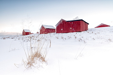 Fresh snow surrounds the typical fishermen houses called Rorbu in winter, Eggum, Vestvagoy (Vest-Vagoy) Island, Lofoten Islands, Arctic, Norway, Scandinavia, Europe