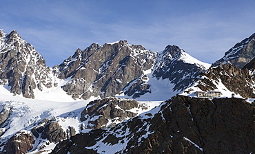 The Marinelli Hut hidden at the foot of the mountain range in Valmalenco, Valtellina, Lombardy, Italy, Europe