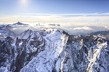 Aerial view of Cima della Bondasca located between Ferro Valley and Bondasca Valley, border of Italy and Switzerland, Europe