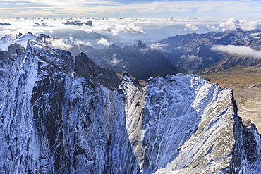 Aerial view of Cima della Bondasca located between Ferro Valley and Bondasca Valley, border of Italy and Switzerland, Europe