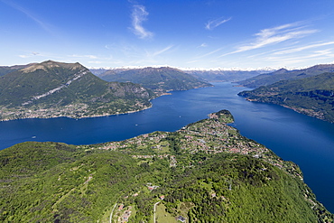 Aerial view of the village of Bellagio frames by the blue water of Lake Como on a sunny spring day, Italian Lakes, Lombardy, Italy, Europe