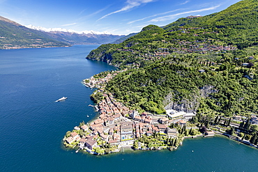 Aerial view of the picturesque village of Varenna surrounded by Lake Como and gardens, Lecco Province, Italian Lakes, Lombardy, Italy, Europe