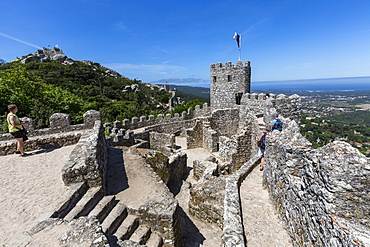 View of the ancient Castelo dos Mouros with its stone tower, Sintra municipality, Lisbon district, Portugal, Europe