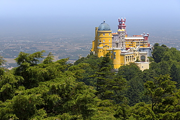 The colorful and decorated castle of Palacio da Pena, UNESCO World Heritage Site, Sao Pedro de Penaferrim, Sintra, Lisbon district, Portugal, Europe