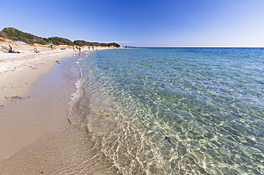 The crystal turquoise water of the sea frames the sandy beach, Sant Elmo Castiadas, Costa Rei, Cagliari, Sardinia, Italy, Mediterranean, Europe