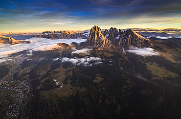 A spectacular view over Sassopiatto (Plattkofel), Sassolungo (Langkofel), the Rolle Group and the Gardena Valley, South Tyrol, Dolomites, Italy, Europe