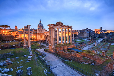 The blue light of dusk on the ancient Imperial Forum, UNESCO World Heritage Site, Rome, Lazio, Italy, Europe