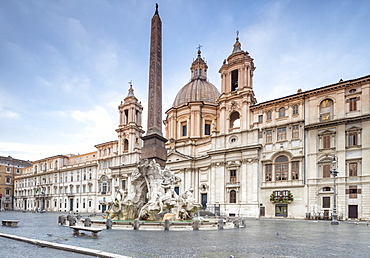 View of Piazza Navona with Fountain of the Four Rivers and the Egyptian obelisk in the middle, Rome, Lazio, Italy, Europe