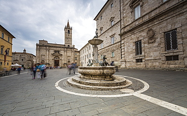 The decorated fountain frames the Cathedral in Arringo Square, Ascoli Piceno, Marche, Italy, Europe