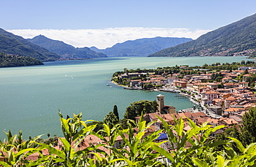 View of the typical village of Gravedona surrounded by Lake Como and gardens, Province of Como, Italian Lakes, Lombardy, Italy, Europe