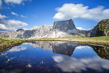 The Lastoni de Formin reflecting in the Lake at Passo Giau, Dolomiti Ampezzane, Cadore, Veneto, Italy, Europe