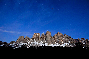 The starry sky above the Odle-Villnoss massif in the Puez-Odle Nature Park, South Tyrol, Italy, Europe