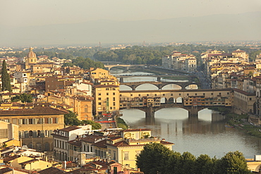 View of the medieval city of Florence with the typical Ponte Vecchio on Arno River from Piazzale Michelangelo, Florence, Tuscany, Italy, Europe