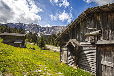 Typical wooden houses in the Funes Valley in the Dolomites by the Passo delle Erbe, South Tyrol, Italy, Europe