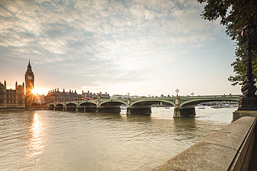 Westminster Bridge on River Thames with Big Ben and Palace of Westminster in the background at sunset, London, England, United Kingdom, Europe