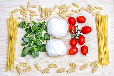 Composition with the bright colours of Italian food: pasta, spaghetti, tomatoes from Sicily, mozzarella from Naples and basil, Italy, Europe