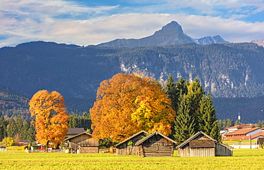 Wooden huts surrounded by colorful trees in autumn, Garmisch Partenkirchen, Upper Bavaria, Germany, Europe