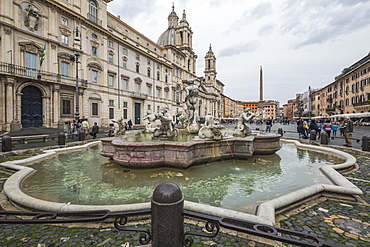 View of Piazza Navona with Fountain of the Four Rivers and the Egyptian obelisk in the middle, Rome, Lazio, Italy, Europe