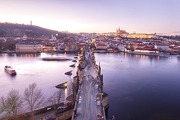 Vltava River and Charles Bridge at sunset, UNESCO World Heritage Site, Prague, Czech Republic, Europe