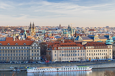 View of the historical buildings of the old town from Vltava River, Prague, Czech Republic, Europe