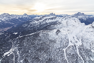 Aerial view of the snowy ridges of the Cinque Torri, Dolomites, Cortina d'Ampezzo, Province of Belluno, Veneto, Italy, Europe