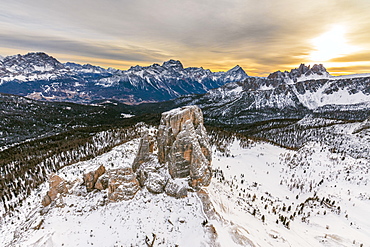 Aerial view of the snowy ridges of the Cinque Torri at dawn, Dolomites, Cortina d'Ampezzo, Province of Belluno, Veneto, Italy, Europe