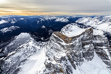 Aerial view of the rocky peaks of Monte Pelmo at dawn, Zoldo, Dolomites, Province of Belluno, Veneto, Italy, Europe