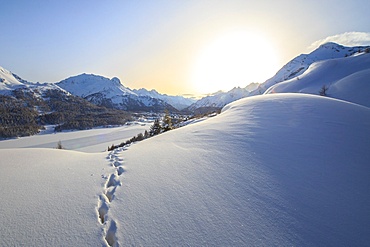 Footprints marching towards the Maloja Pass under a sun veiled by the mist in a cold winter day.