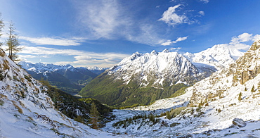 Panorama of Alpe Fora with Monte Disgrazia in the background, Malenco Valley, Province of Sondrio, Valtellina, Lombardy, Italy, Europe