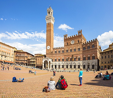 Tourists admire the historical Palazzo Pubblico and its Torre del Mangia, Piazza del Campo, Siena, UNESCO World Heritage Site, Tuscany, Italy, Europe