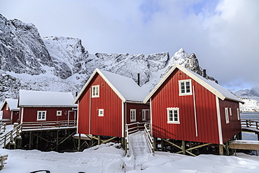 Fresh snow covering the typical Norwegian homes, the Rorbu, in the Lofoten Islands, Arctic, Norway, Scandinavia, Europe