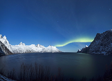 Panorama of the Northern Lights on the Senjahopen peak surrounded by the frozen sea, Senja, Mefjordbotn, Troms county, Norway, Scandinavia, Europe