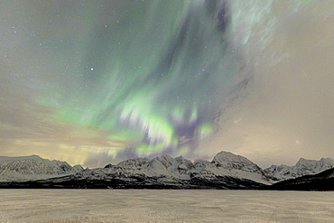 The icy lake of Jaegervatnet framed by the Northern Lights (aurora borealis) and starry sky in the polar night, Lyngen Alps, Troms, Norway, Scandinavia, Europe