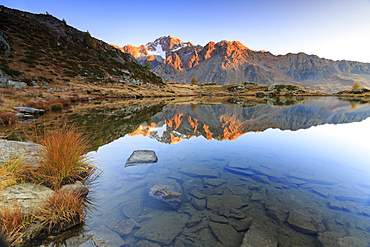 Rocky peaks of Mount Disgrazia reflected in Lake Zana at sunrise, Malenco Valley, Valtellina, Lombardy, Italy, Europe