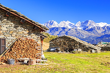 Alpine huts framed by snowy peaks of Bernina Group, Arcoglio Alp, Val Torreggio, Malenco Valley, Valtellina, Lombardy, Italy, Europe