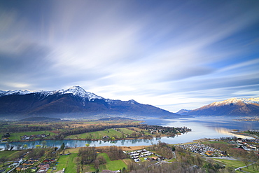 View of Sorico at dawn framed by Lake Como and snowy peaks seen from Chiesa Di San Miro, Province of Como, Lombardy, Italy, Europe