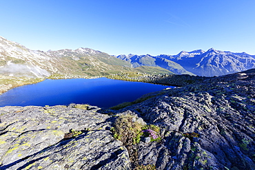 Lake Bergsee at sunrise, Chiavenna Valley, Spluga Valley, Spluga Pass, province of Sondrio, Valtellina, Lombardy, Italy, Europe