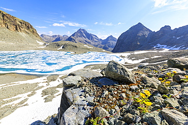 Lej Lagrev during the thaw with Piz Polatschin on the background St. Moritz, Engadine, Canton of Graubunden, Switzerland, Europe