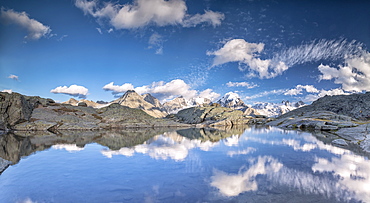 Panoramic of Piz Bernina at sunset, Fuorcla Surlej, Corvatsch, Engadine, Canton of Graubunden, Swiss Alps, Switzerland, Europe