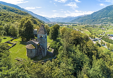 Panoramic of medieval Abbey of San Pietro in Vallate, Piagno, Sondrio province, Lower Valtellina, Lombardy, Italy, Europe (Drone)