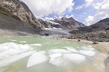 The glacial lake at the foot of Fellaria Glacier, Malenco Valley, Valtellina, Lombardy, Italy, Europe