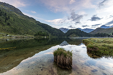 Sunrise at Lake Cavloc, Maloja Pass, Bregaglia Valley, Engadine, Canton of Graubunden, Switzerland, Europe