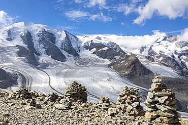 Overview of the Diavolezza and Pers glaciers and Piz Palu, St. Moritz, canton of Graubunden, Engadine, Switzerland, Europe